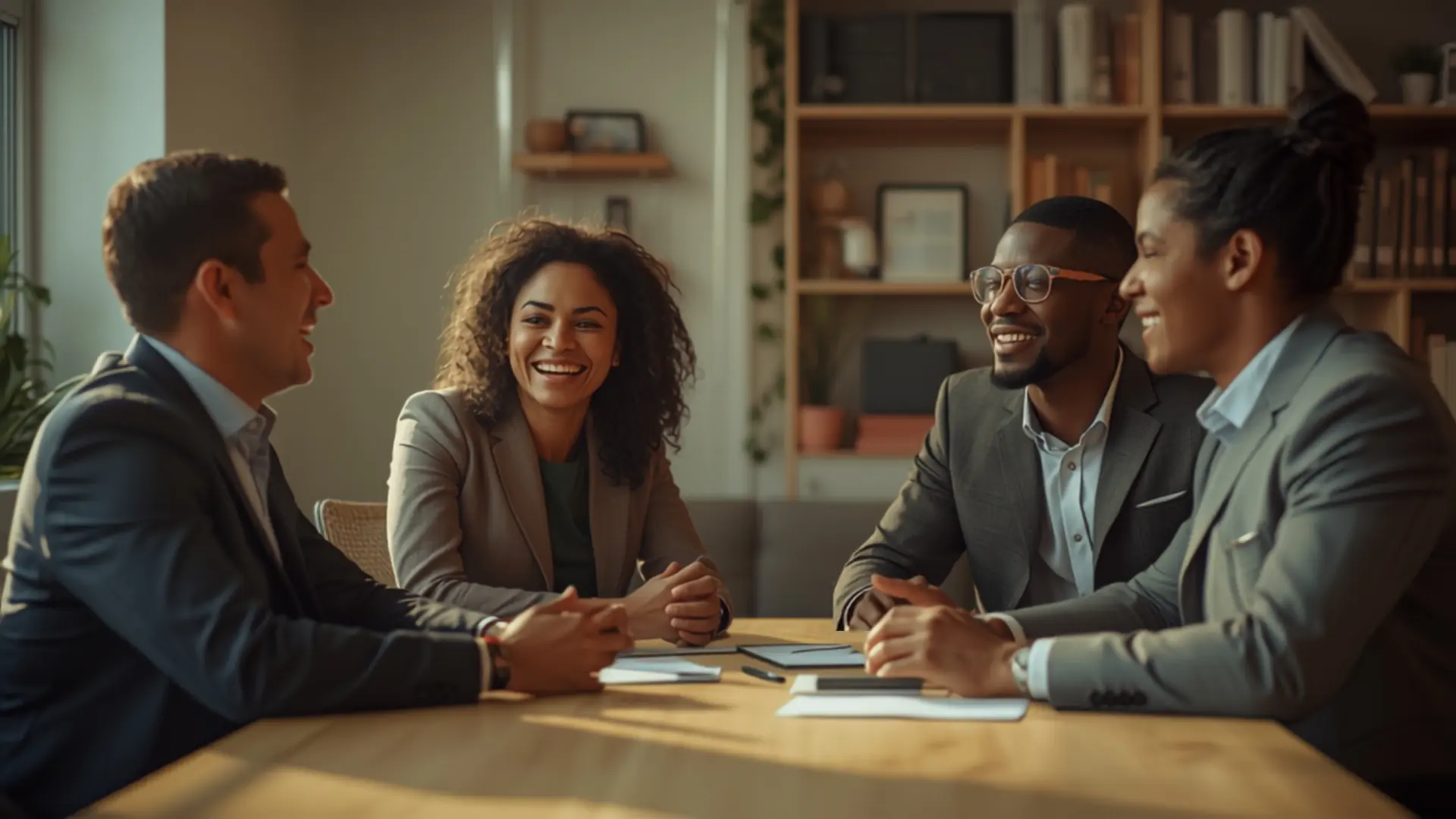 Cuatro profesionales conversando alrededor de una mesa en una oficina de consultoría.